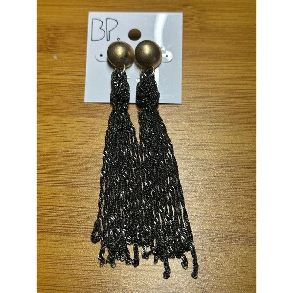 BP. Black Chain Fringe Tassel Drop Earrings Gold Tone Statement NWT New Boho Gif